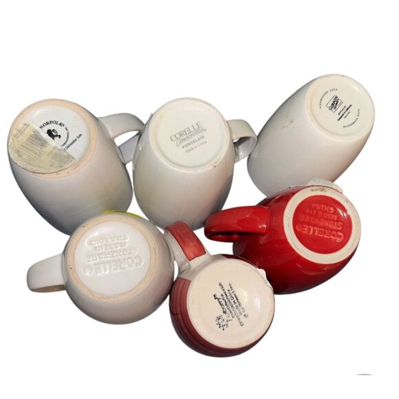 Set Of 6  Stoneware Mugs In White & Red - Picture 2 of 14